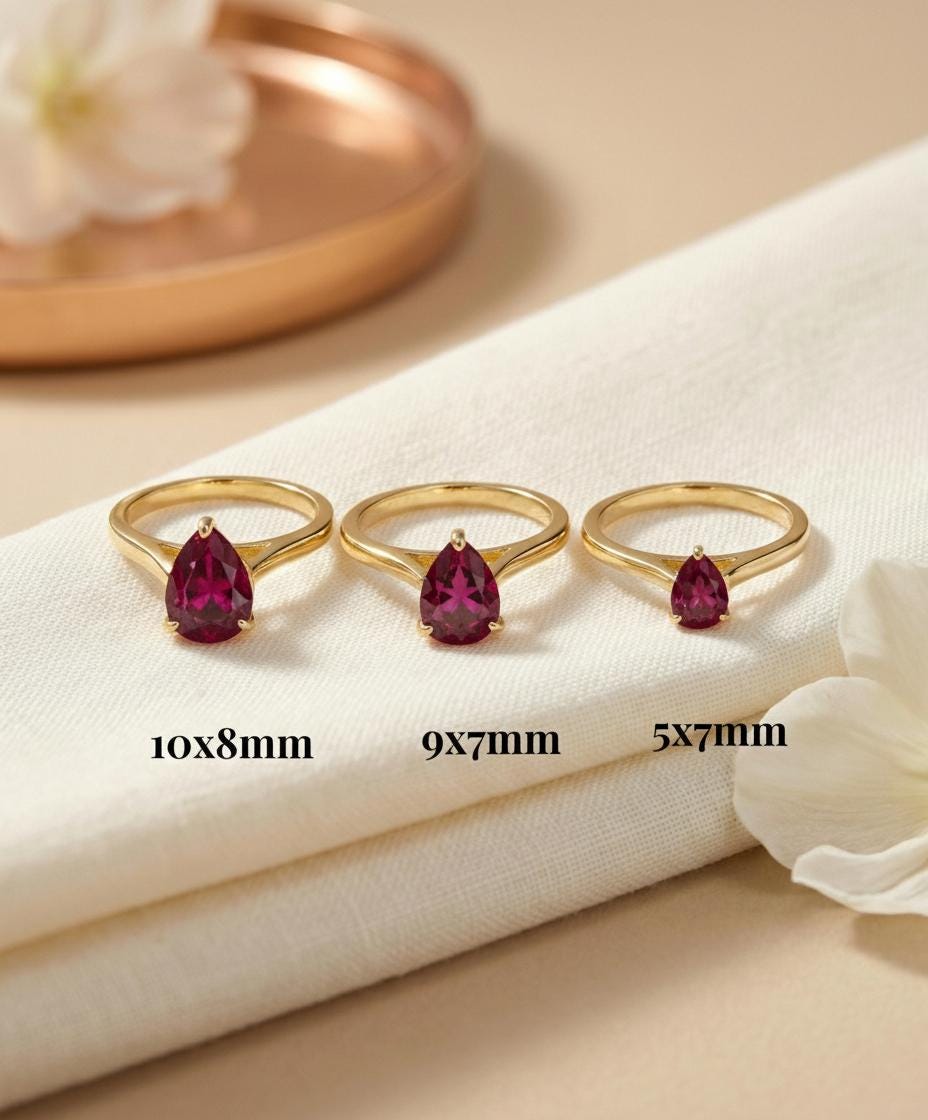 Ruby Birthstone  Ring, Pear Cut Solitaire Engagement Ring, July Gemstone, Teardrop Promise Ring