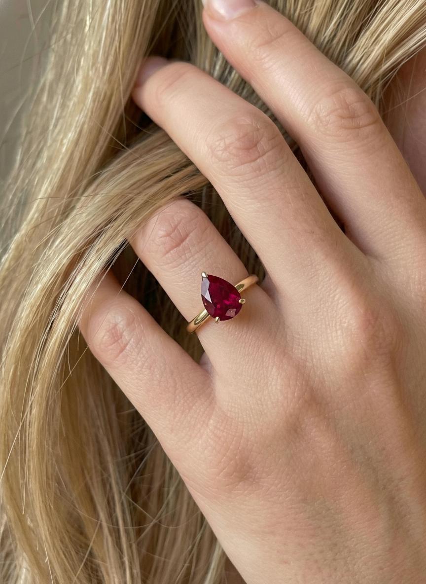 Ruby Birthstone  Ring, Pear Cut Solitaire Engagement Ring, July Gemstone, Teardrop Promise Ring