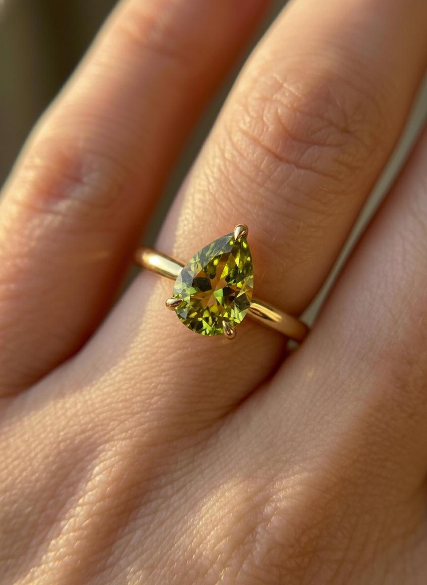 Peridot Birthstone  Ring, Pear Cut Solitaire Engagement Ring, August Gemstone, Teardrop Promise Ring