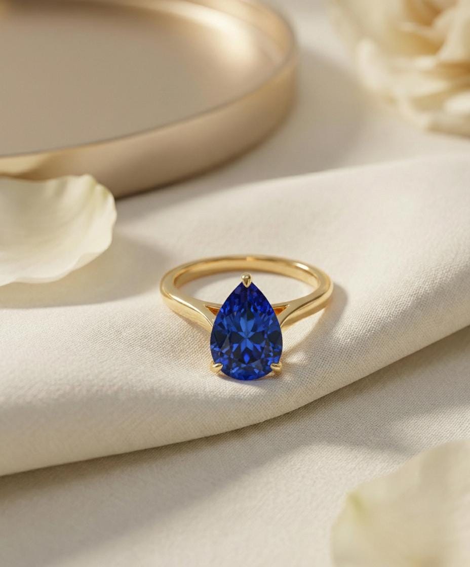 Sapphire Birthstone  Ring, Pear Cut Solitaire Engagement Ring, September Gemstone, Teardrop Promise Ring