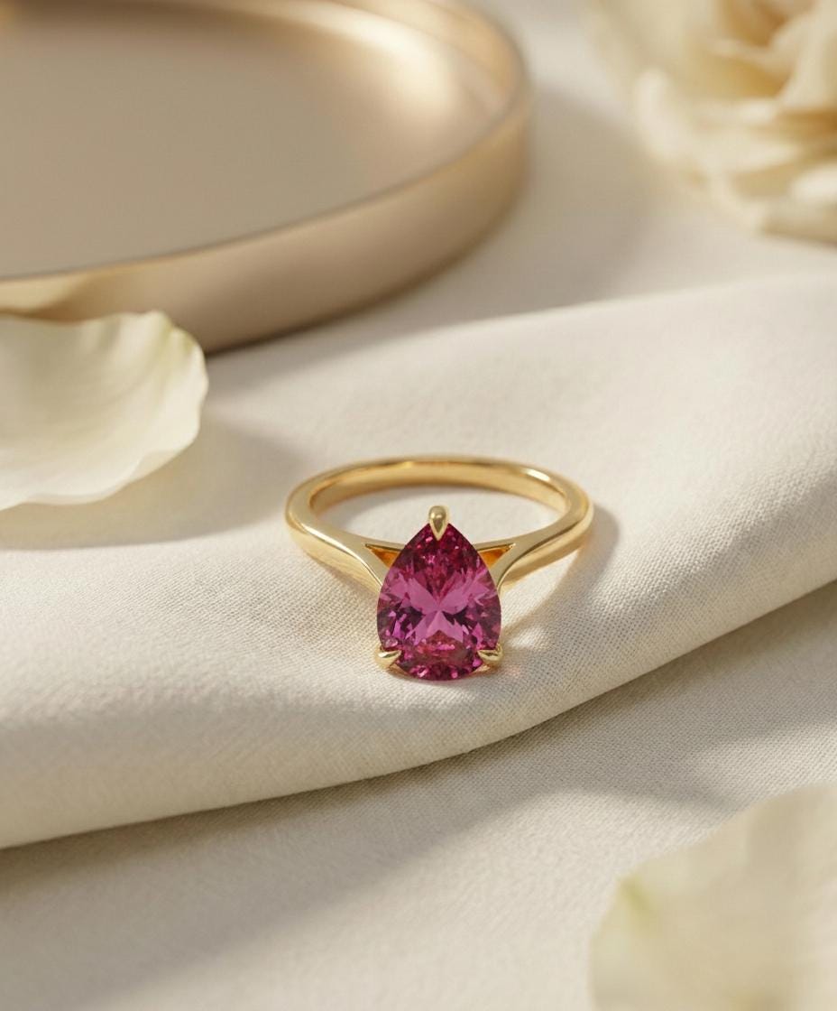 Pink Tourmaline Birthstone  Ring, Pear Cut Solitaire Engagement Ring, October Gemstone, Teardrop Promise Ring