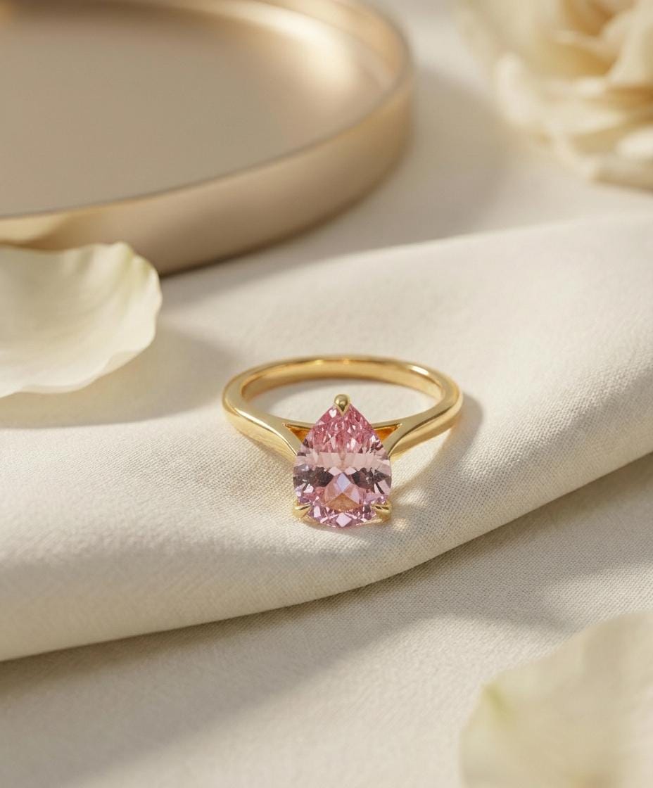 Pink Sapphire Birthstone  Ring, Pear Cut Solitaire Engagement Ring, September Gemstone, Teardrop Promise Ring