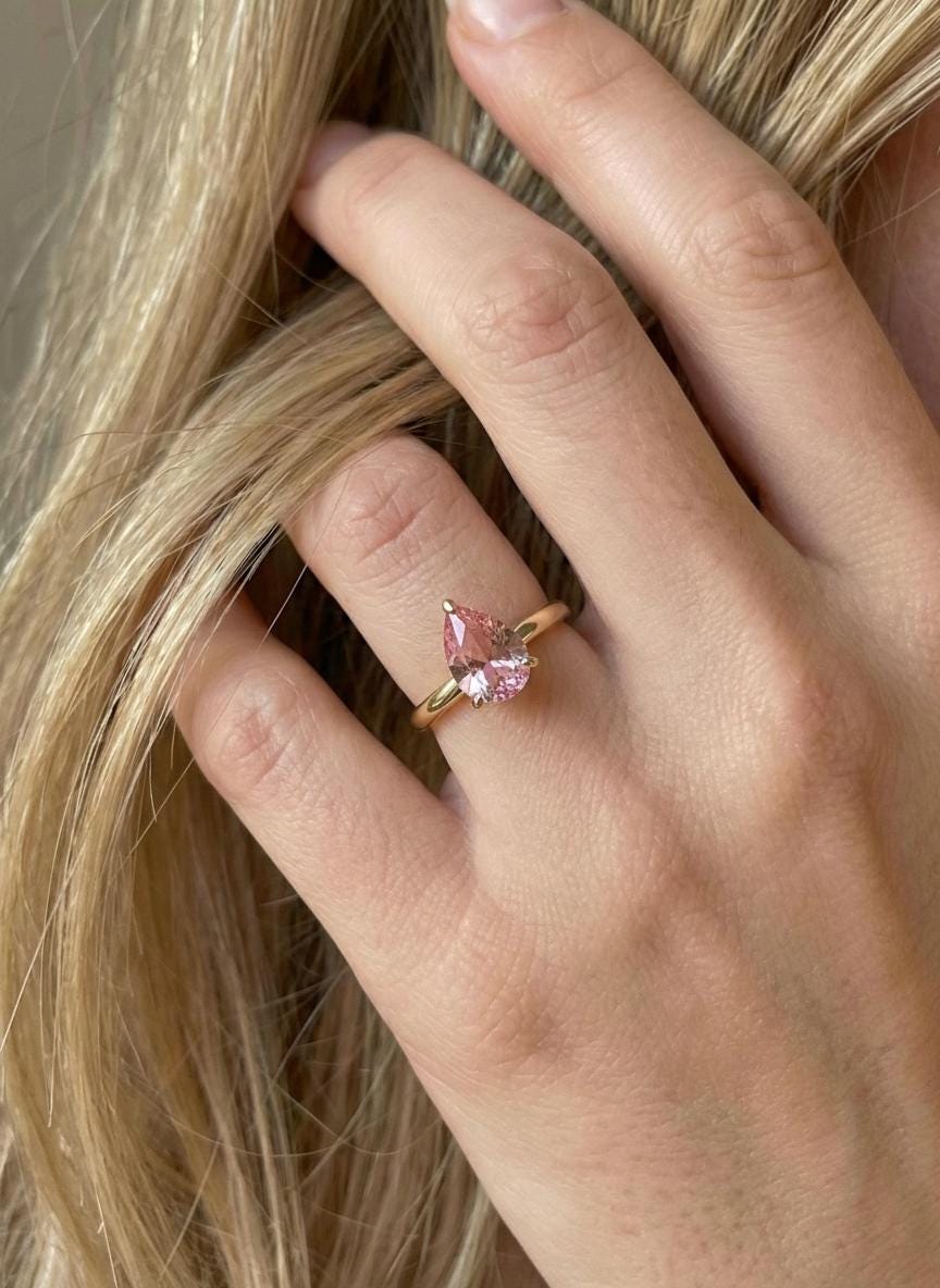 Pink Sapphire Birthstone  Ring, Pear Cut Solitaire Engagement Ring, September Gemstone, Teardrop Promise Ring