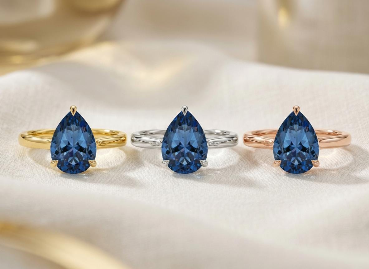 London Blue Topaz Birthstone  Ring, Pear Cut Solitaire Engagement Ring, December Gemstone, Teardrop Promise Ring