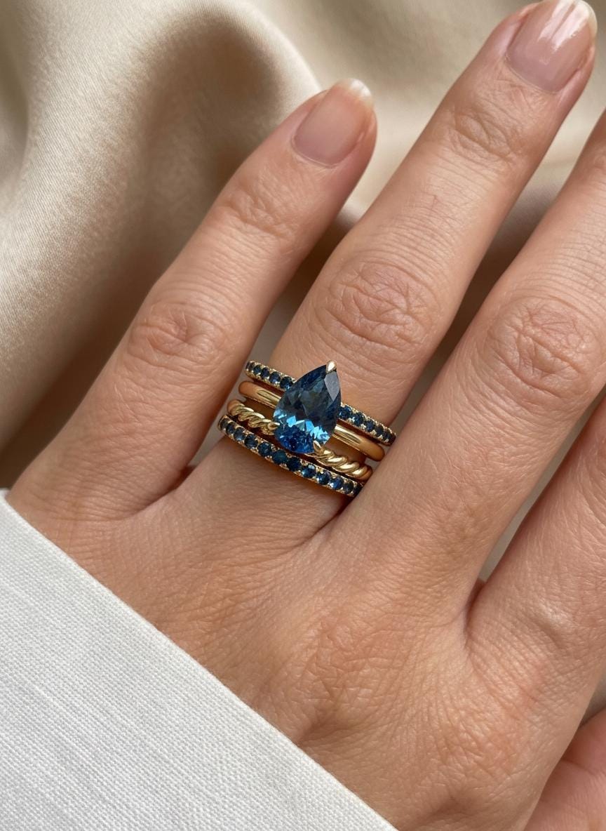 London Blue Topaz Birthstone  Ring, Pear Cut Solitaire Engagement Ring, December Gemstone, Teardrop Promise Ring