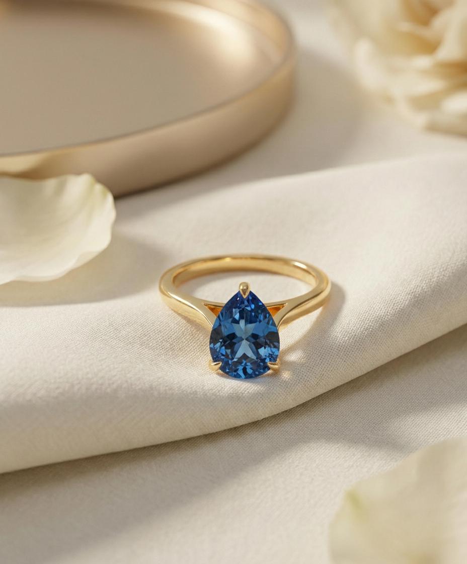 London Blue Topaz Birthstone  Ring, Pear Cut Solitaire Engagement Ring, December Gemstone, Teardrop Promise Ring