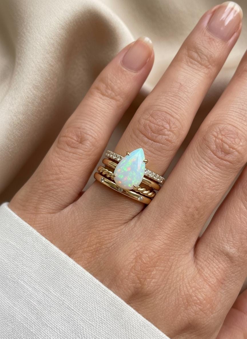 Opal Birthstone  Ring, Pear Cut Solitaire Engagement Ring, October Gemstone, Teardrop Promise Ring