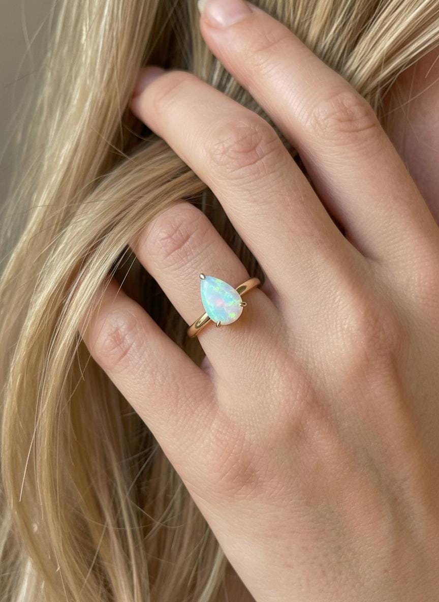 Opal Birthstone  Ring, Pear Cut Solitaire Engagement Ring, October Gemstone, Teardrop Promise Ring