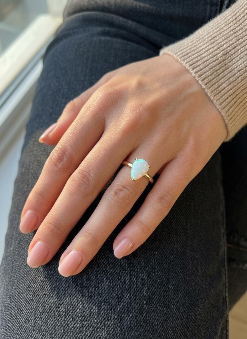 Opal Birthstone  Ring, Pear Cut Solitaire Engagement Ring, October Gemstone, Teardrop Promise Ring