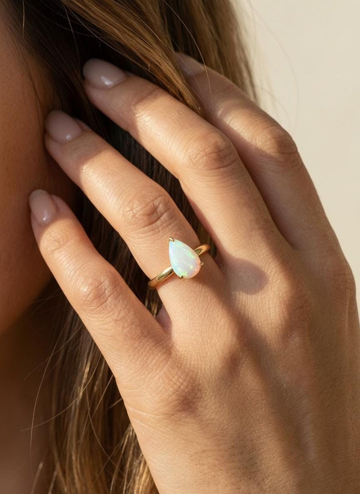 Opal Birthstone  Ring, Pear Cut Solitaire Engagement Ring, October Gemstone, Teardrop Promise Ring