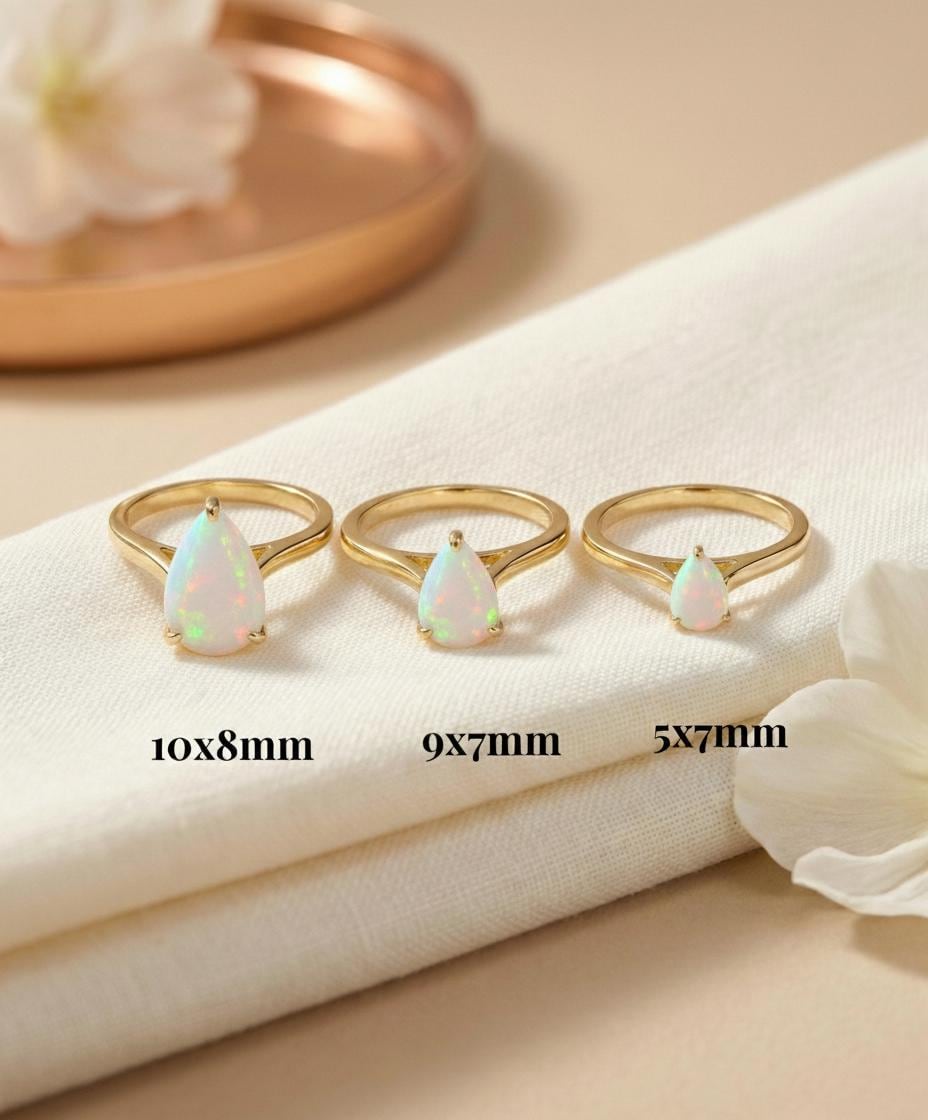 Opal Birthstone  Ring, Pear Cut Solitaire Engagement Ring, October Gemstone, Teardrop Promise Ring