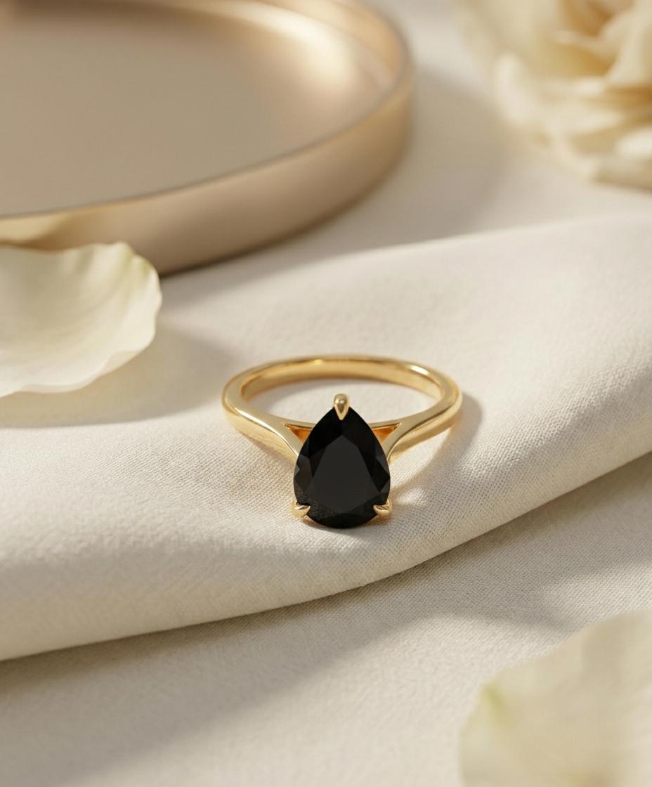 Black Onyx Birthstone  Ring, Pear Cut Solitaire Engagement Ring, January Gemstone, Teardrop Promise Ring