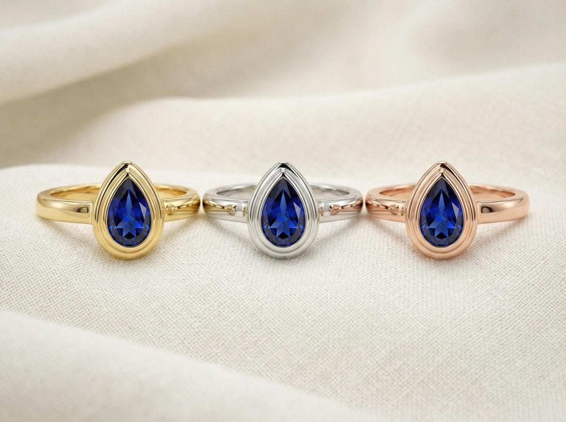 September Birthstone Ring Blue Sapphire Pear Cut Ring Bezel Solitaire Engagement Ring Minimalist Teardrop Ring Custom Birthday Gift for Her