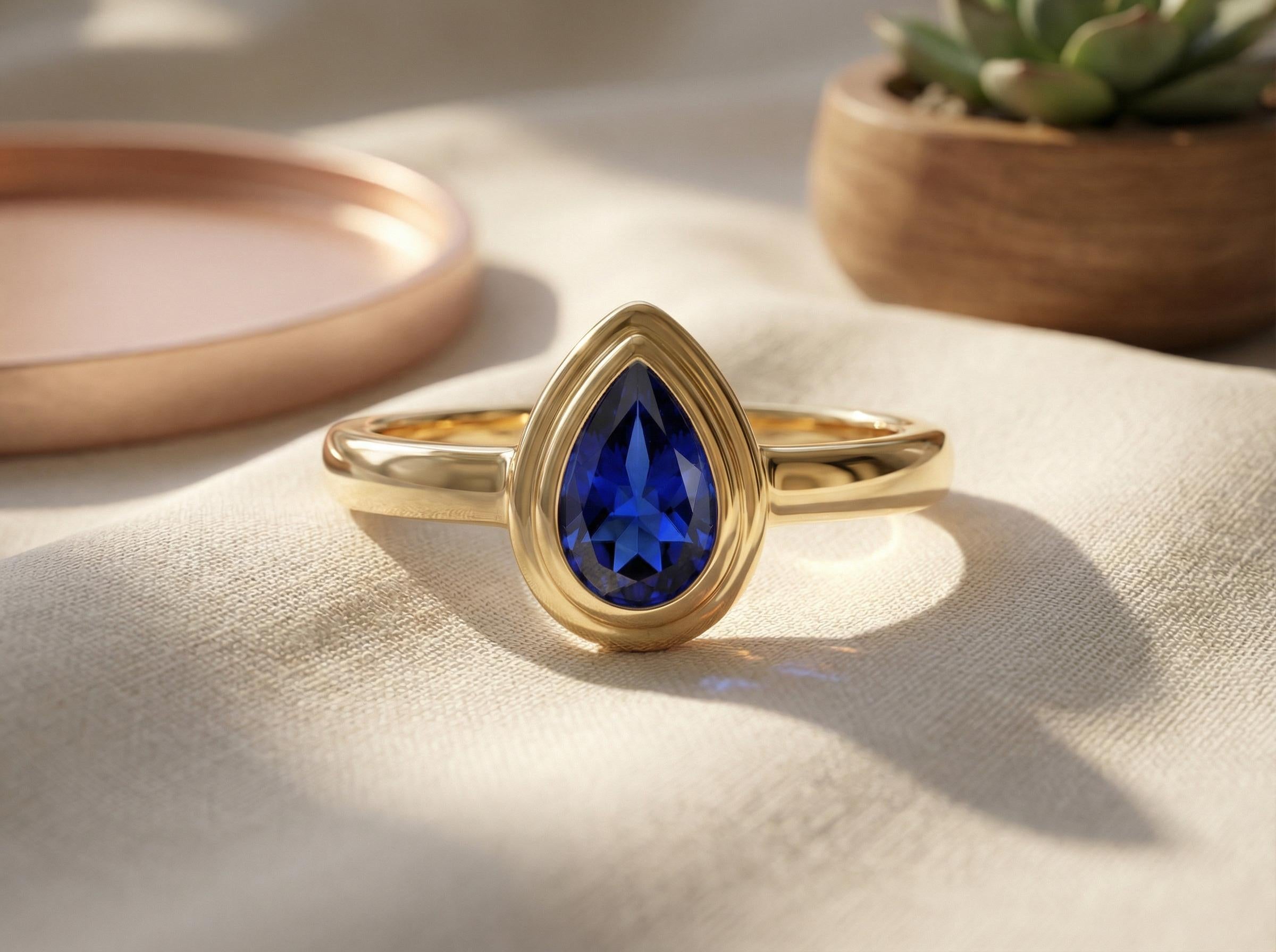 September Birthstone Ring Blue Sapphire Pear Cut Ring Bezel Solitaire Engagement Ring Minimalist Teardrop Ring Custom Birthday Gift for Her