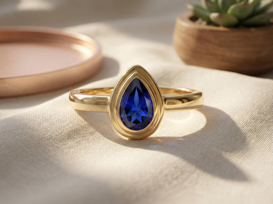 September Birthstone Ring Blue Sapphire Pear Cut Ring Bezel Solitaire Engagement Ring Minimalist Teardrop Ring Custom Birthday Gift for Her