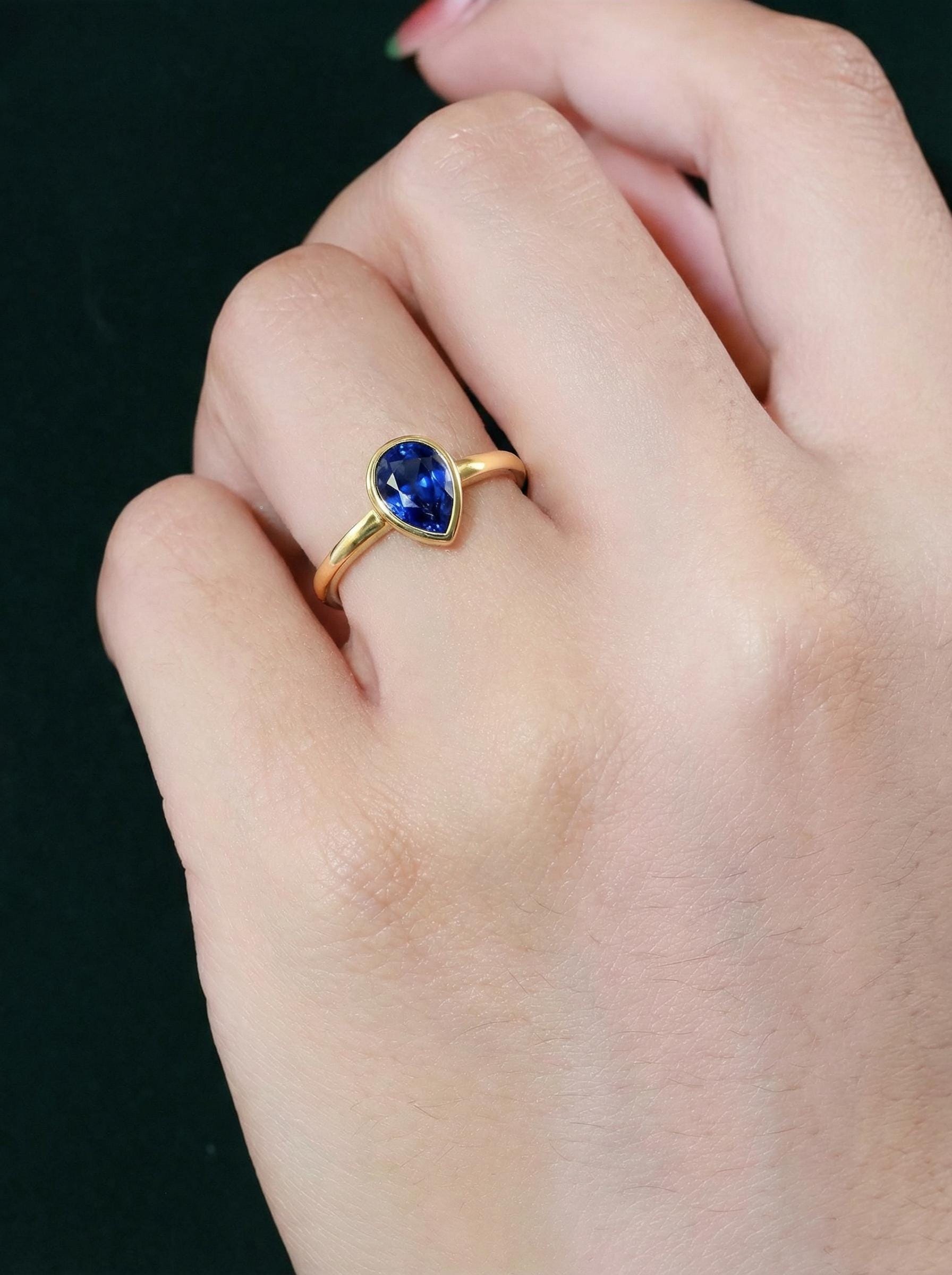 September Birthstone Ring Blue Sapphire Pear Cut Ring Bezel Solitaire Engagement Ring Minimalist Teardrop Ring Custom Birthday Gift for Her