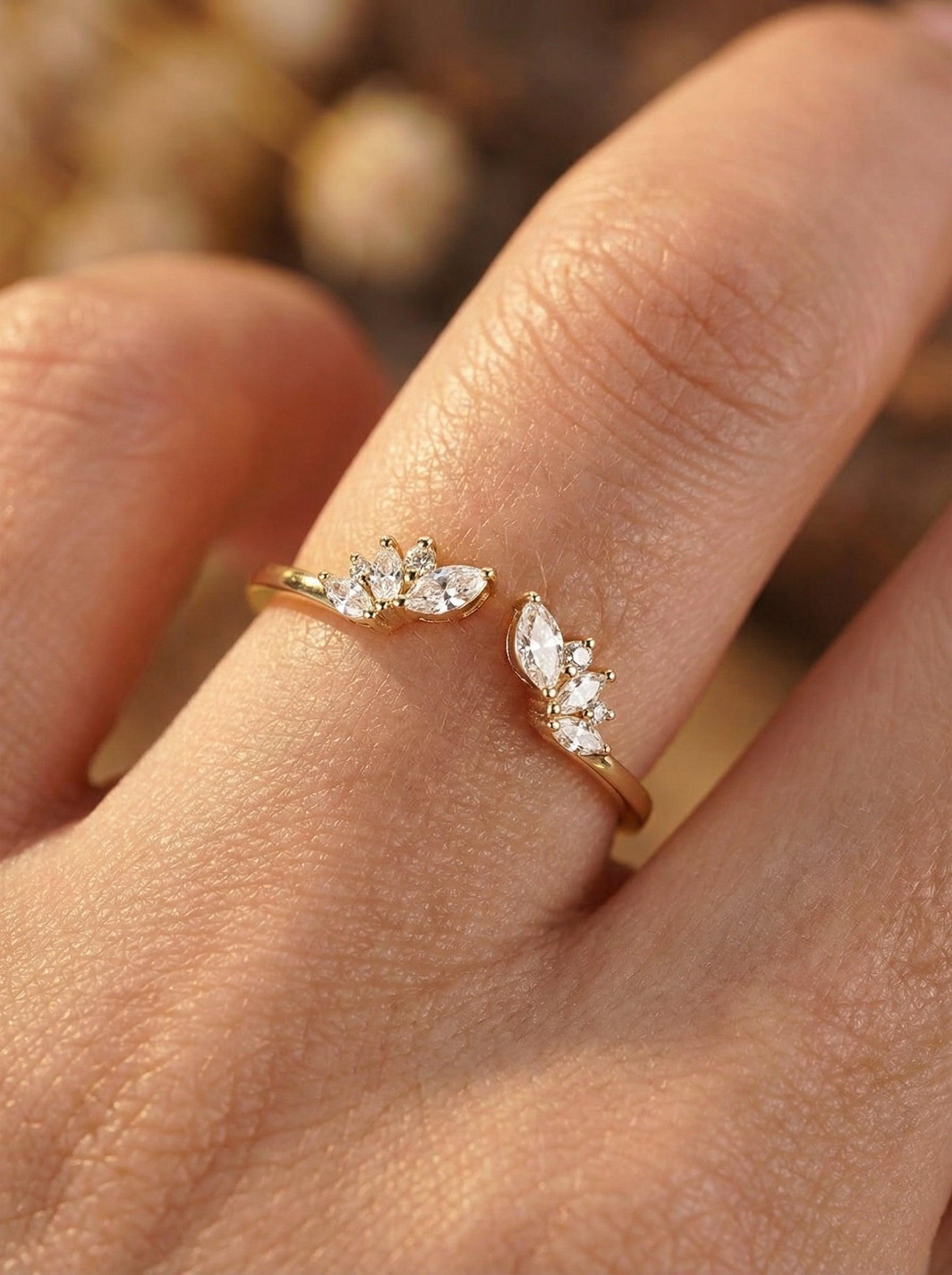 Marquise Moissanite Ring, Open Cuff Wedding Band, Leaf Stacking Ring for Women