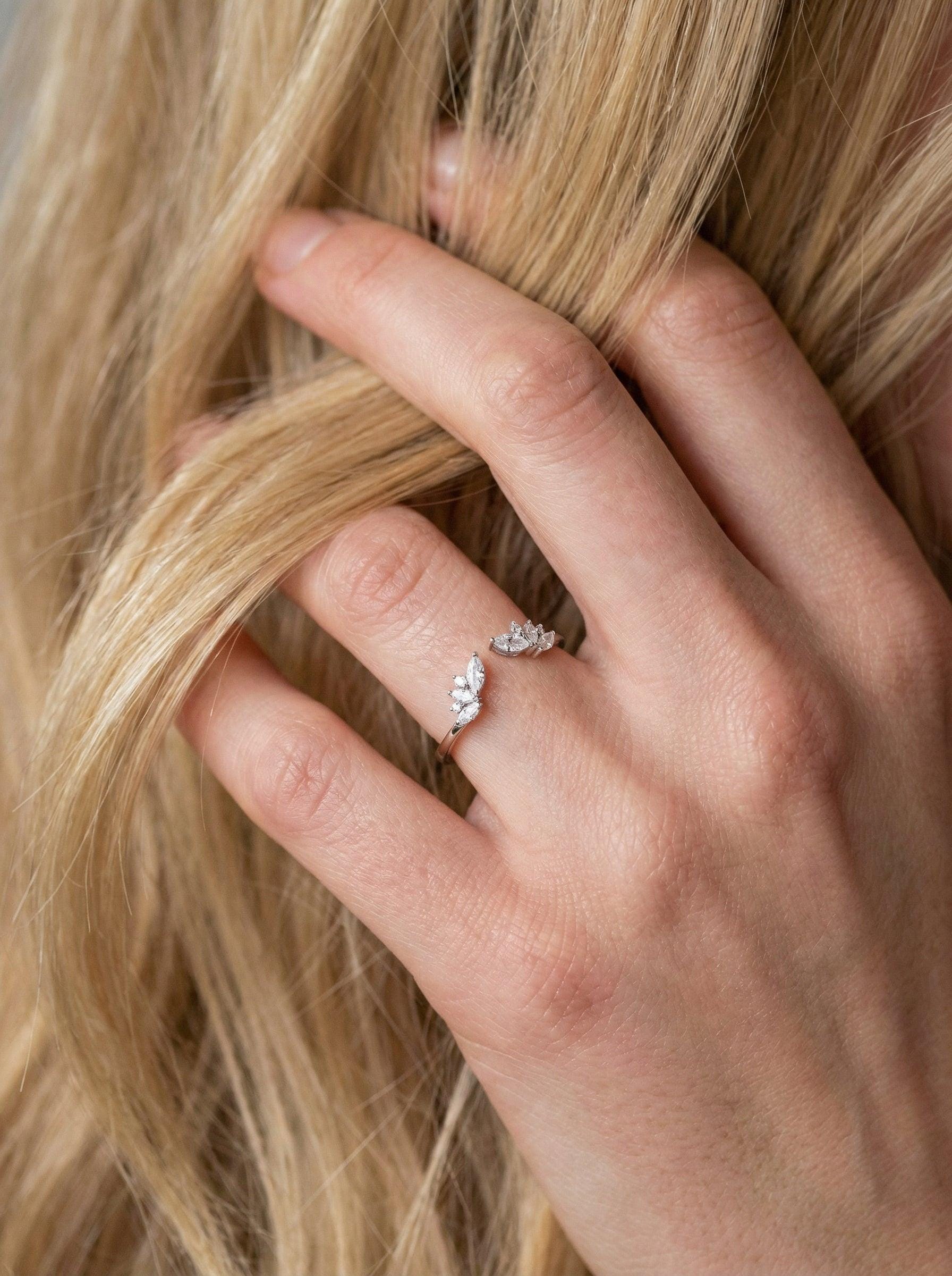 Marquise Moissanite Ring, Open Cuff Wedding Band, Leaf Stacking Ring for Women