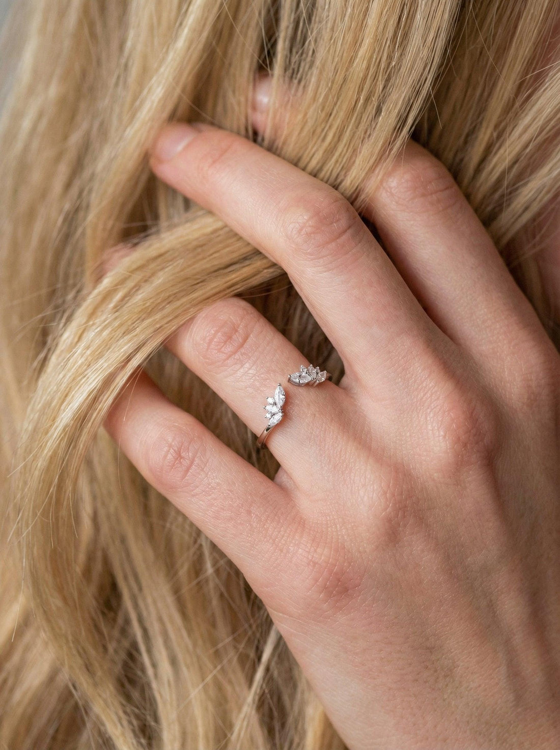 Marquise Moissanite Ring, Open Cuff Wedding Band, Leaf Stacking Ring for Women