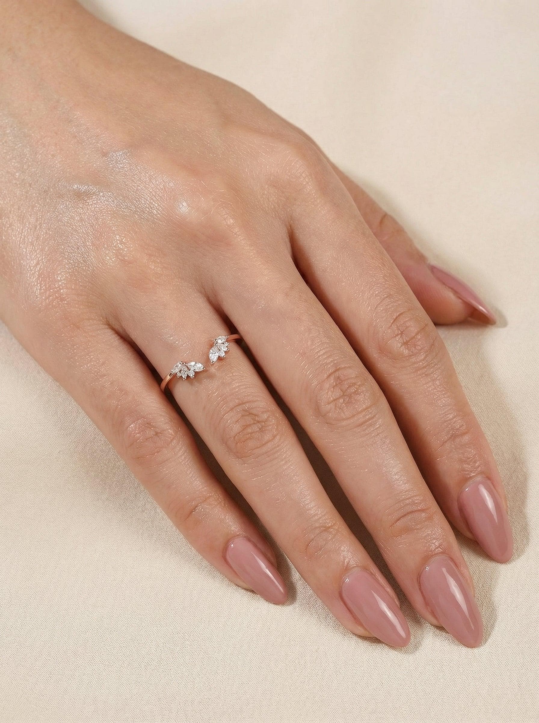 Marquise Moissanite Ring, Open Cuff Wedding Band, Leaf Stacking Ring for Women