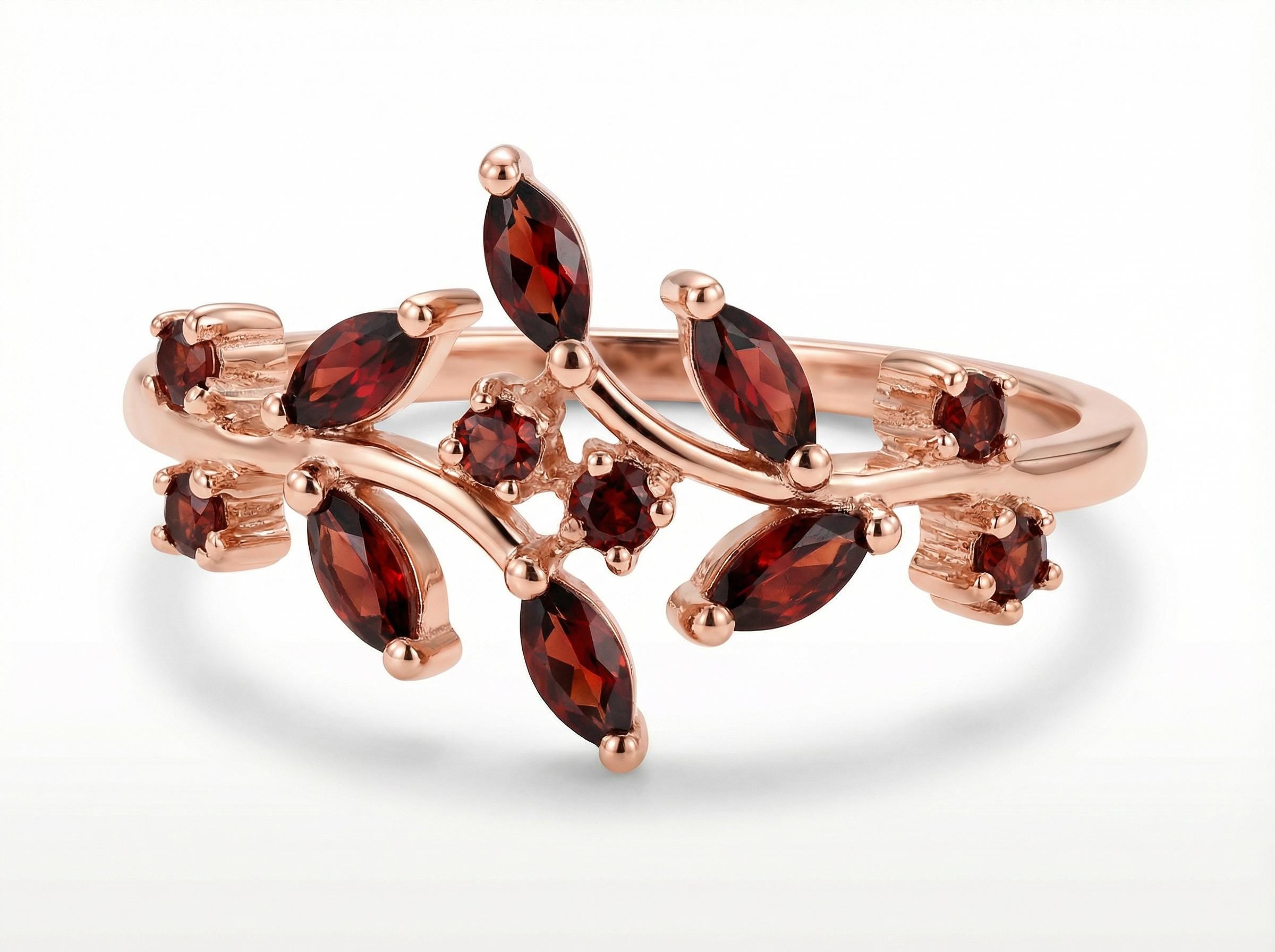 Garnet Birthstone Ring, Nature Inspired Leaf Ring, Marquise Garnet Vine Band, January Birthstone Gift, Botanical Jewelry, Custom Metal Choic