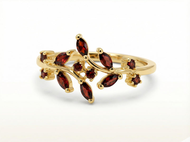 Garnet Birthstone Ring, Nature Inspired Leaf Ring, Marquise Garnet Vine Band, January Birthstone Gift, Botanical Jewelry, Custom Metal Choic