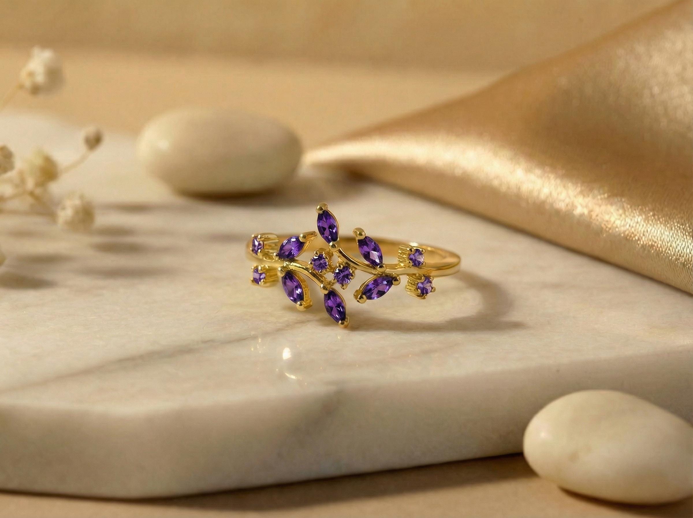 Nature Inspired Amethyst Wedding Band Leaf Ring February Birthstone Jewelry Vine Branch Ring Marquise Gemstone Stacking Ring Custom Gift