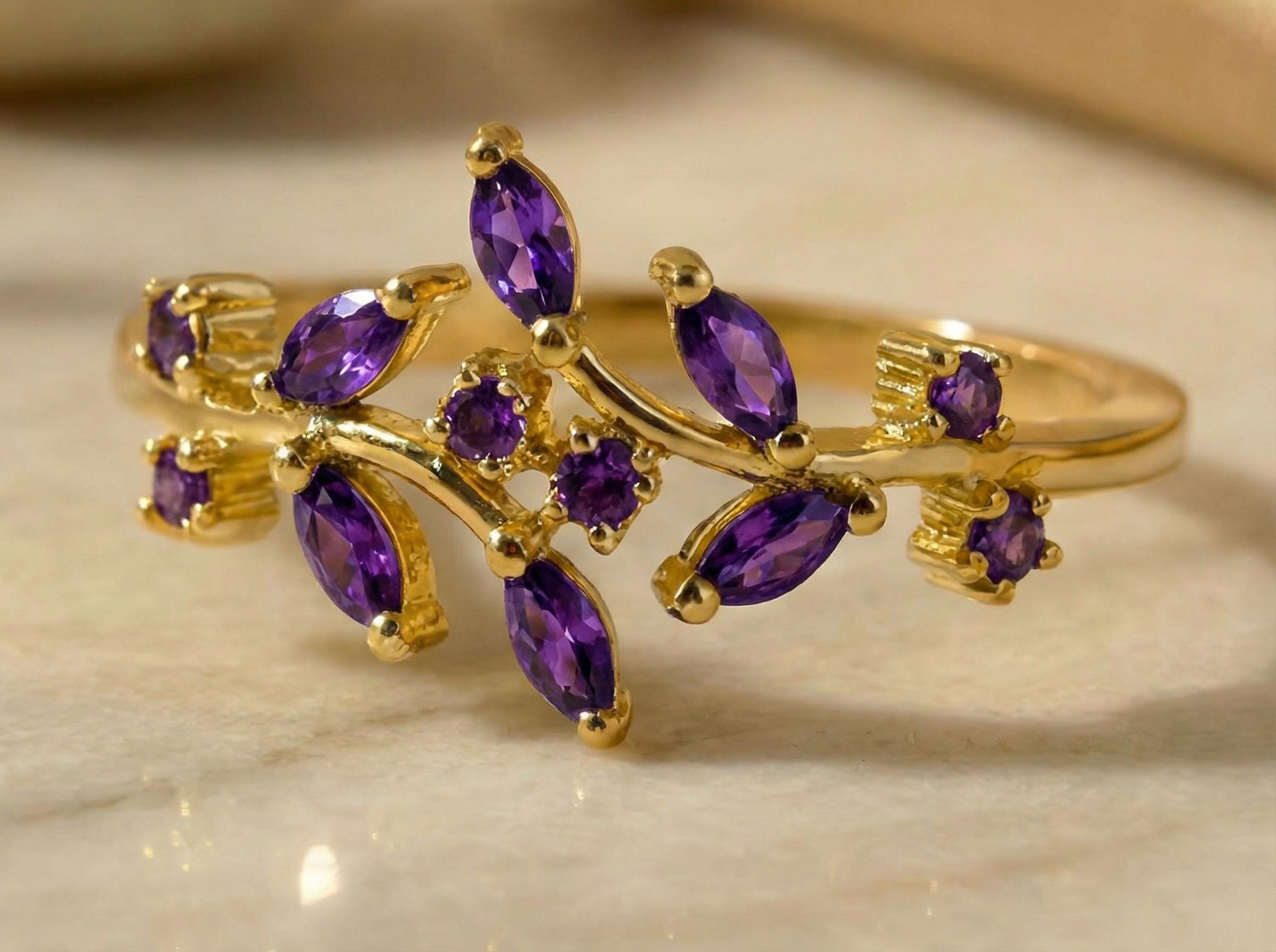 Nature Inspired Amethyst Wedding Band Leaf Ring February Birthstone Jewelry Vine Branch Ring Marquise Gemstone Stacking Ring Custom Gift