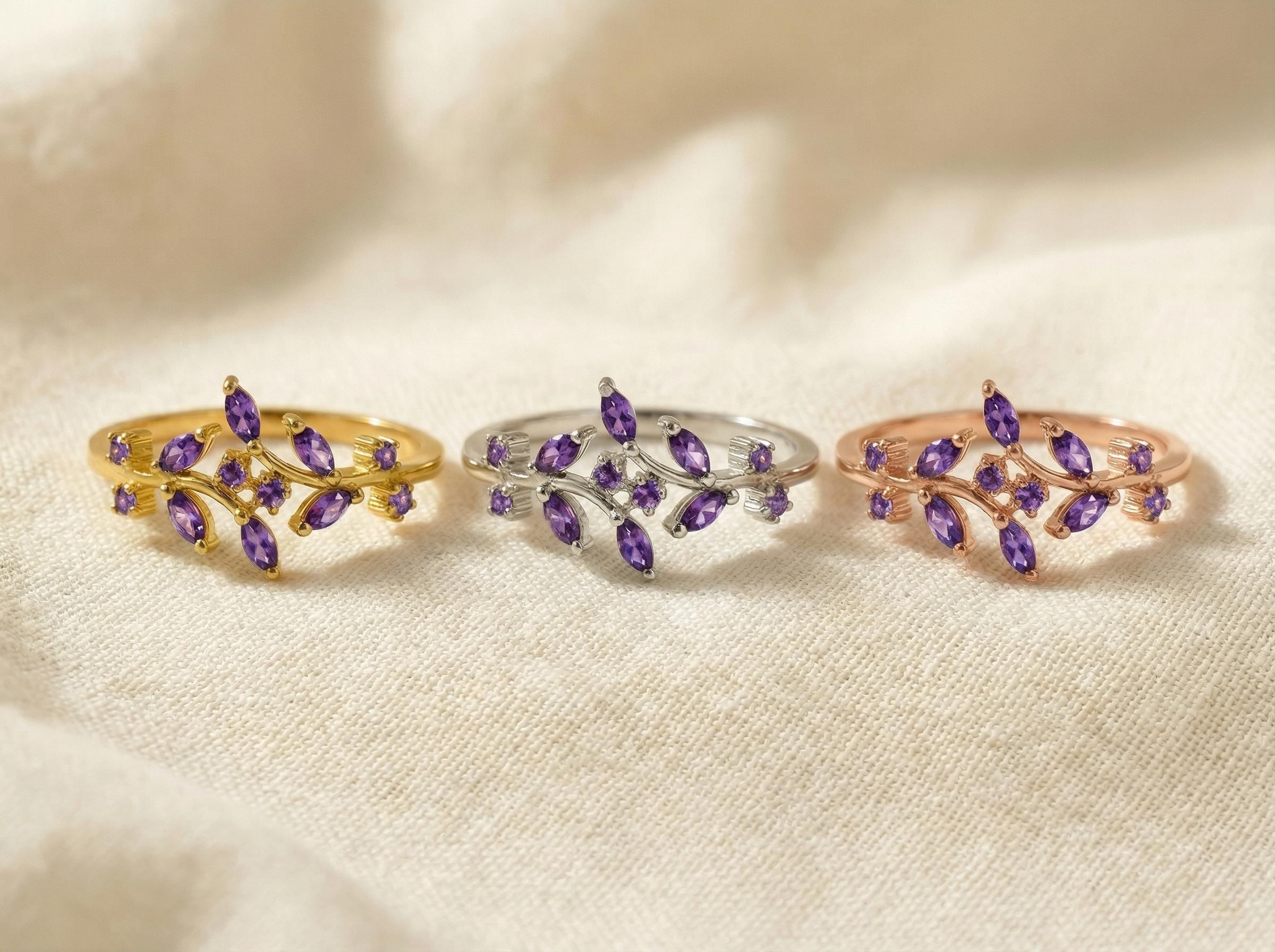 Nature Inspired Amethyst Wedding Band Leaf Ring February Birthstone Jewelry Vine Branch Ring Marquise Gemstone Stacking Ring Custom Gift