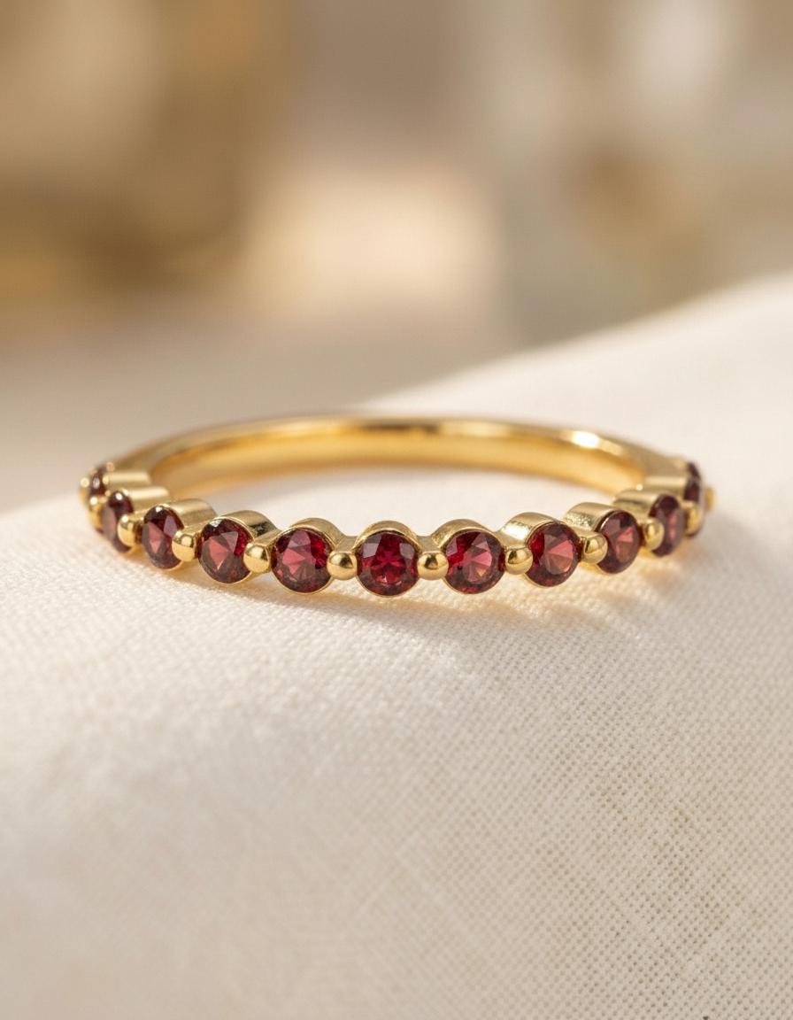 2.0 Mm Single Prong Garnet Ring, January Birthstone, Half Eternity Stackable Band, Garnet Wedding Band, Stacking Ring