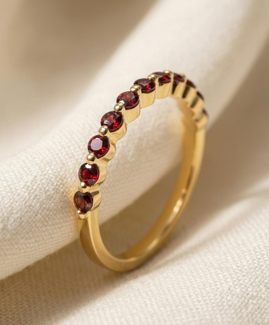 2.0 Mm Single Prong Garnet Ring, January Birthstone, Half Eternity Stackable Band, Garnet Wedding Band, Stacking Ring