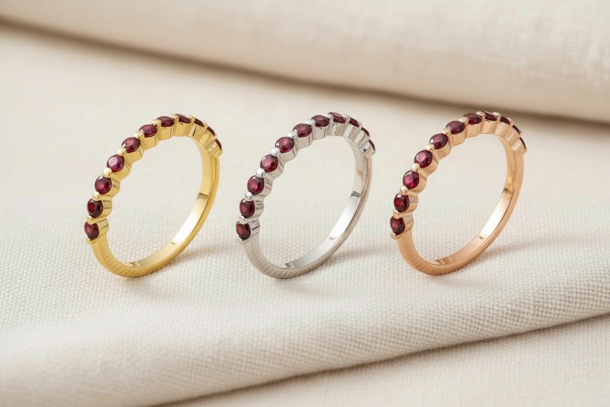 2.0 Mm Single Prong Garnet Ring, January Birthstone, Half Eternity Stackable Band, Garnet Wedding Band, Stacking Ring