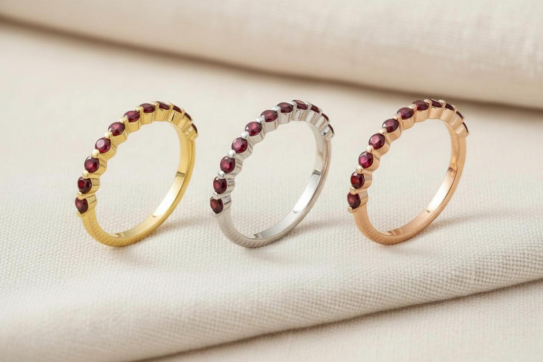 2.0 Mm Single Prong Garnet Ring, January Birthstone, Half Eternity Stackable Band, Garnet Wedding Band, Stacking Ring