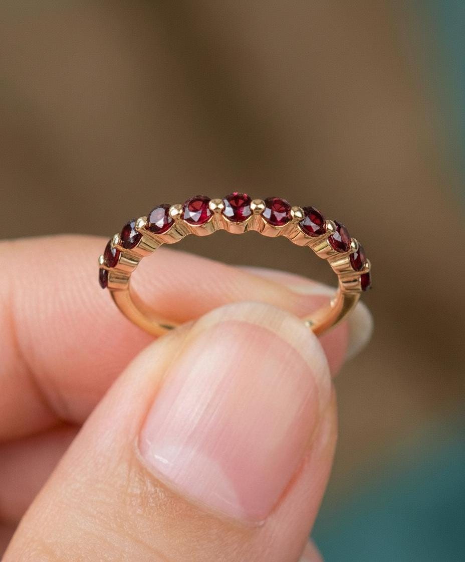 2.0 Mm Single Prong Garnet Ring, January Birthstone, Half Eternity Stackable Band, Garnet Wedding Band, Stacking Ring