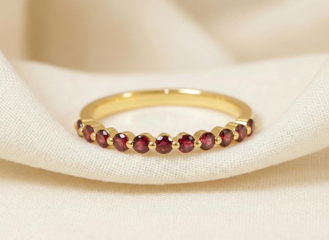 2.0 Mm Single Prong Garnet Ring, January Birthstone, Half Eternity Stackable Band, Garnet Wedding Band, Stacking Ring