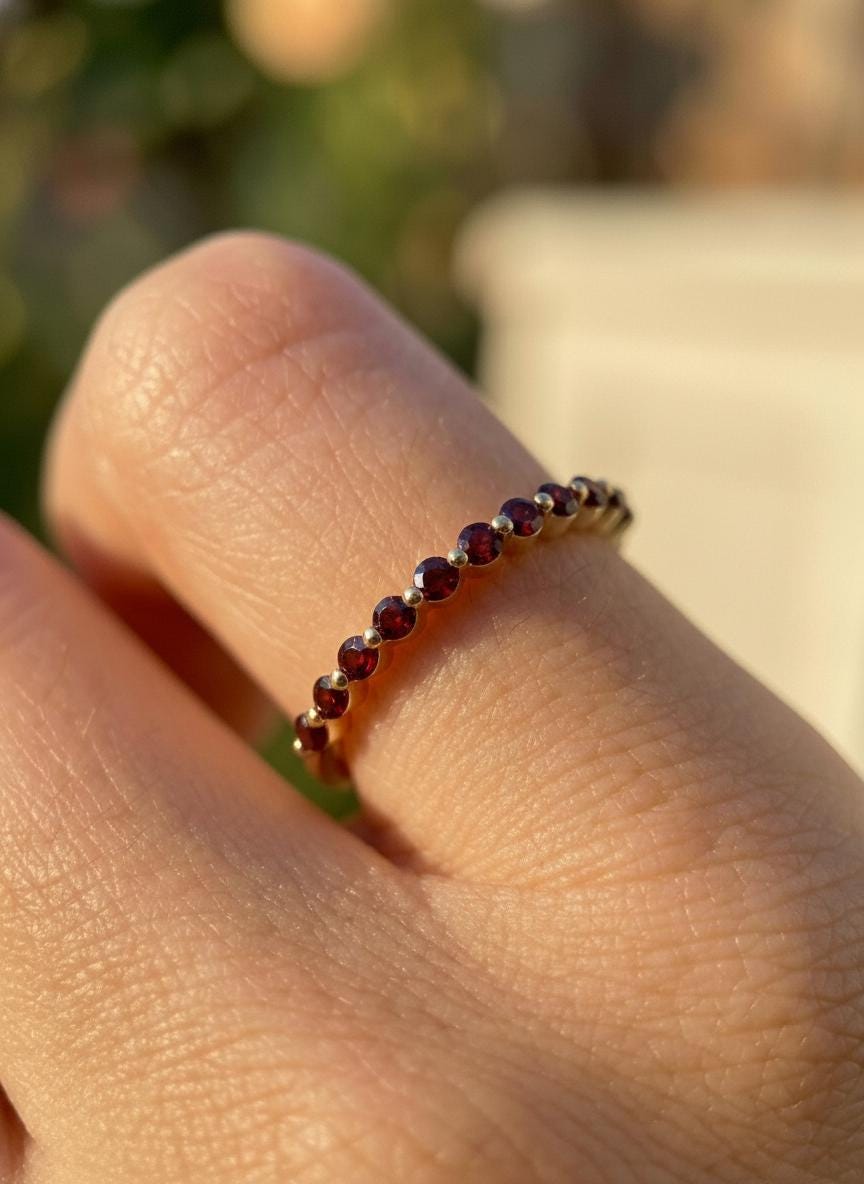 2.0 Mm Single Prong Garnet Ring, January Birthstone, Half Eternity Stackable Band, Garnet Wedding Band, Stacking Ring
