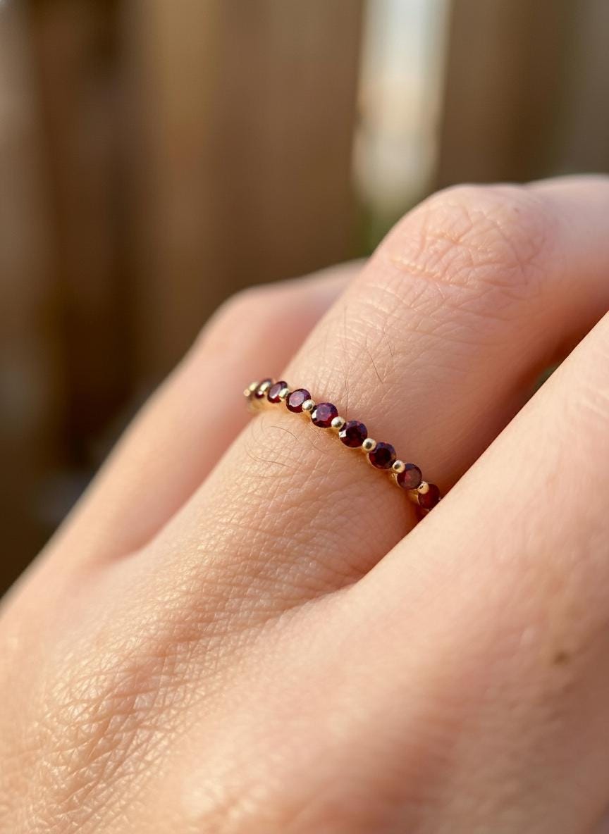 2.0 Mm Single Prong Garnet Ring, January Birthstone, Half Eternity Stackable Band, Garnet Wedding Band, Stacking Ring