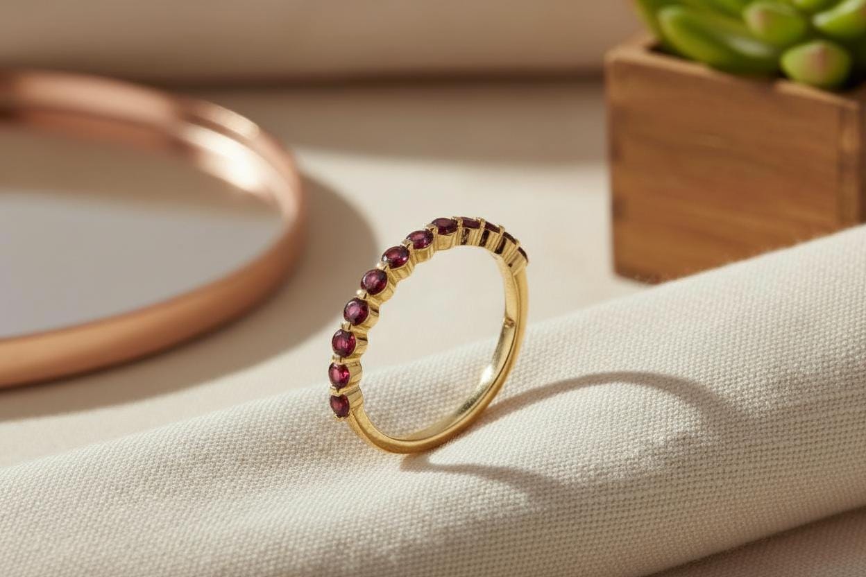 2.0 Mm Single Prong Garnet Ring, January Birthstone, Half Eternity Stackable Band, Garnet Wedding Band, Stacking Ring