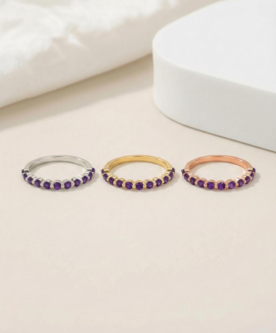 2.0 mm Single Prong Amethyst Ring, February Birthstone, Half Eternity Stackable Band, Amethyst Wedding Band, Stacking Ring