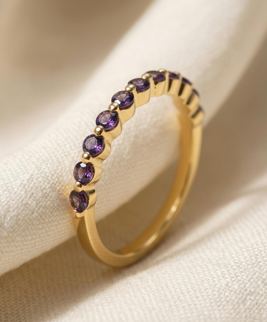 2.0 mm Single Prong Amethyst Ring, February Birthstone, Half Eternity Stackable Band, Amethyst Wedding Band, Stacking Ring