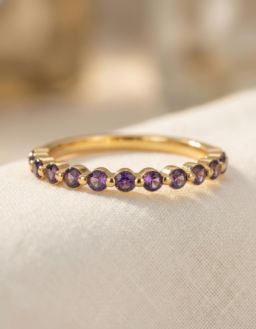 2.0 mm Single Prong Amethyst Ring, February Birthstone, Half Eternity Stackable Band, Amethyst Wedding Band, Stacking Ring