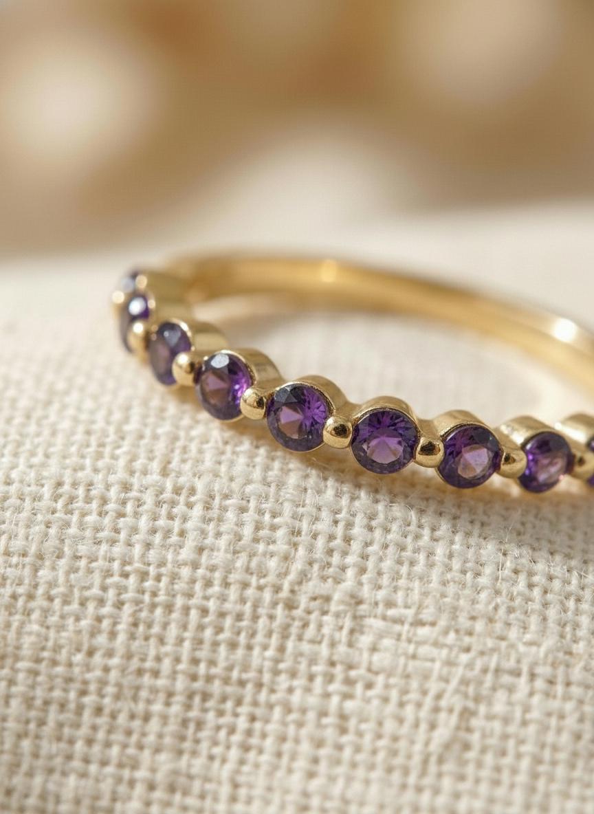 2.0 mm Single Prong Amethyst Ring, February Birthstone, Half Eternity Stackable Band, Amethyst Wedding Band, Stacking Ring