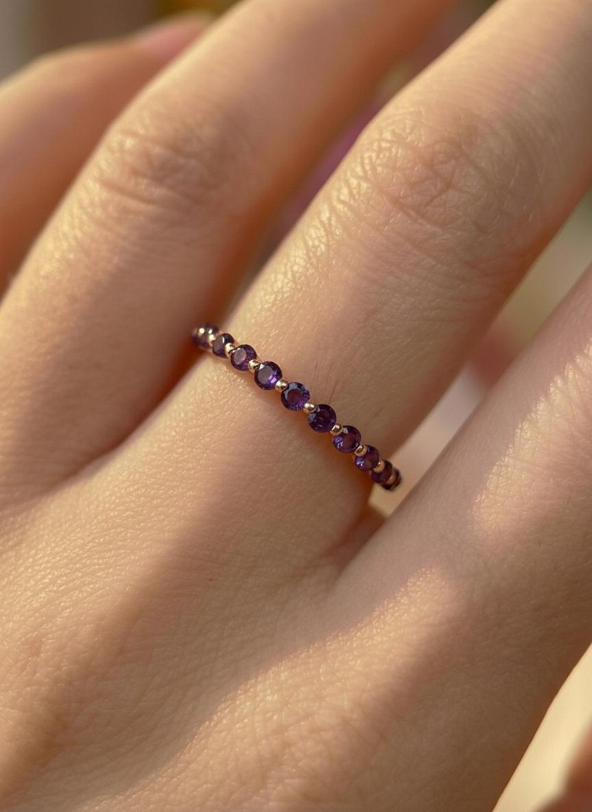 2.0 mm Single Prong Amethyst Ring, February Birthstone, Half Eternity Stackable Band, Amethyst Wedding Band, Stacking Ring