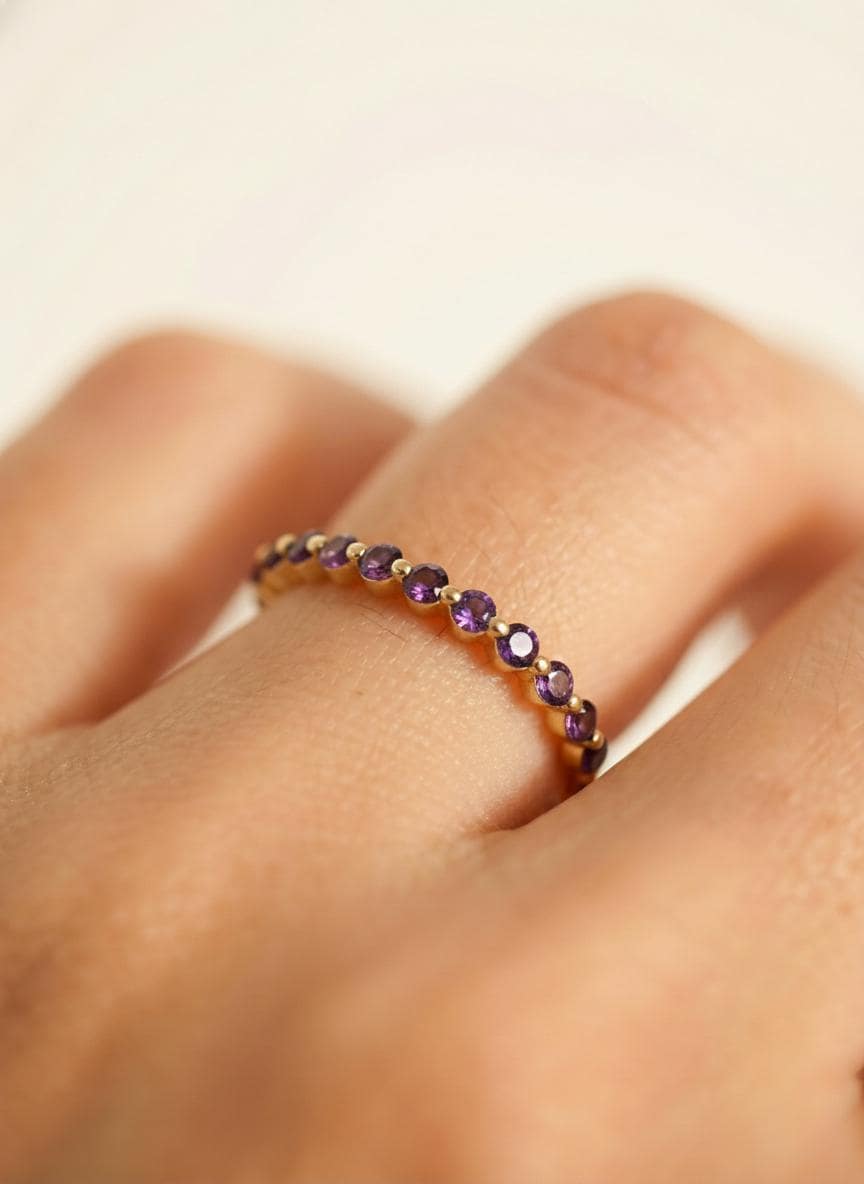 2.0 mm Single Prong Amethyst Ring, February Birthstone, Half Eternity Stackable Band, Amethyst Wedding Band, Stacking Ring