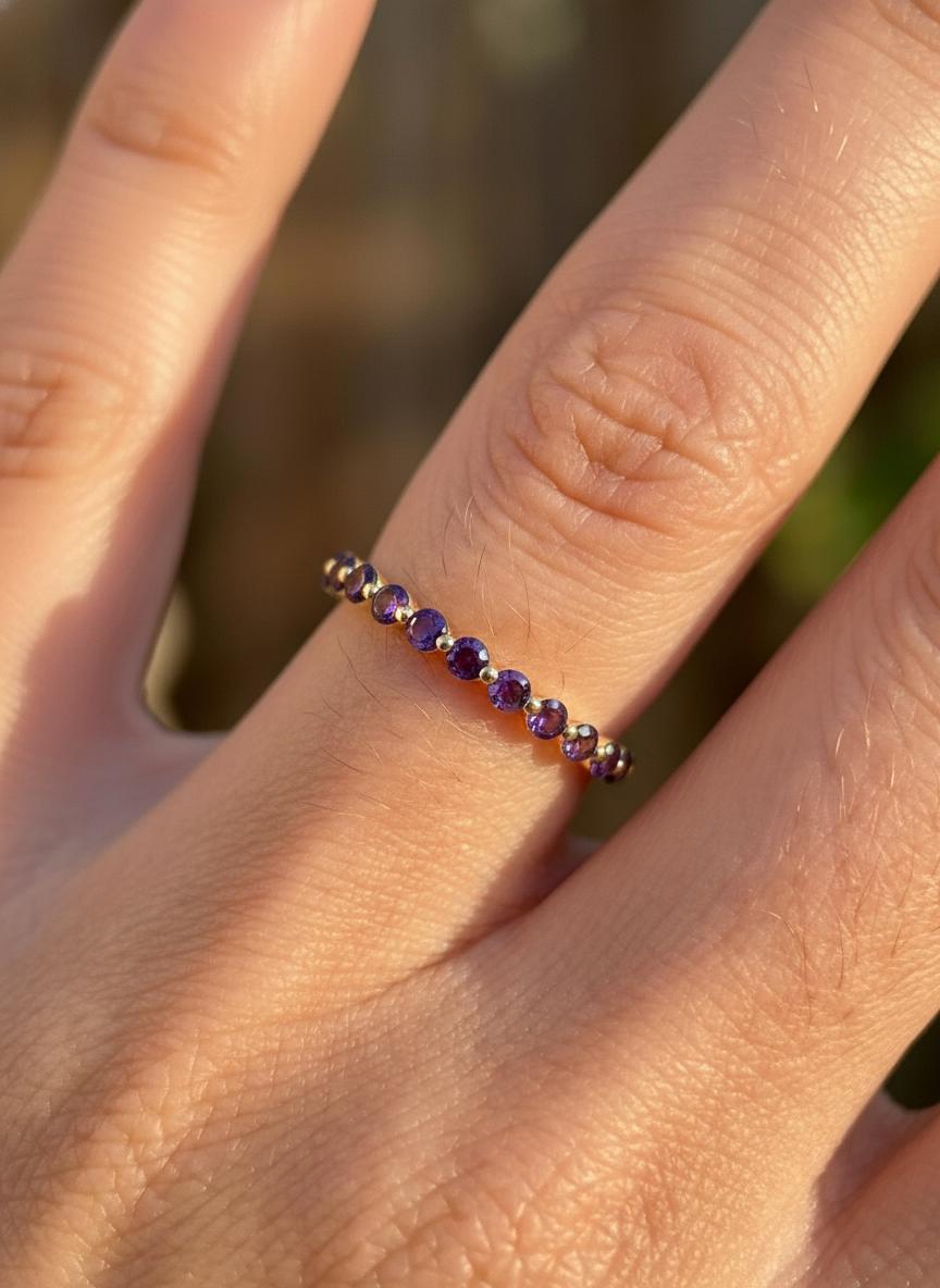 2.0 mm Single Prong Amethyst Ring, February Birthstone, Half Eternity Stackable Band, Amethyst Wedding Band, Stacking Ring