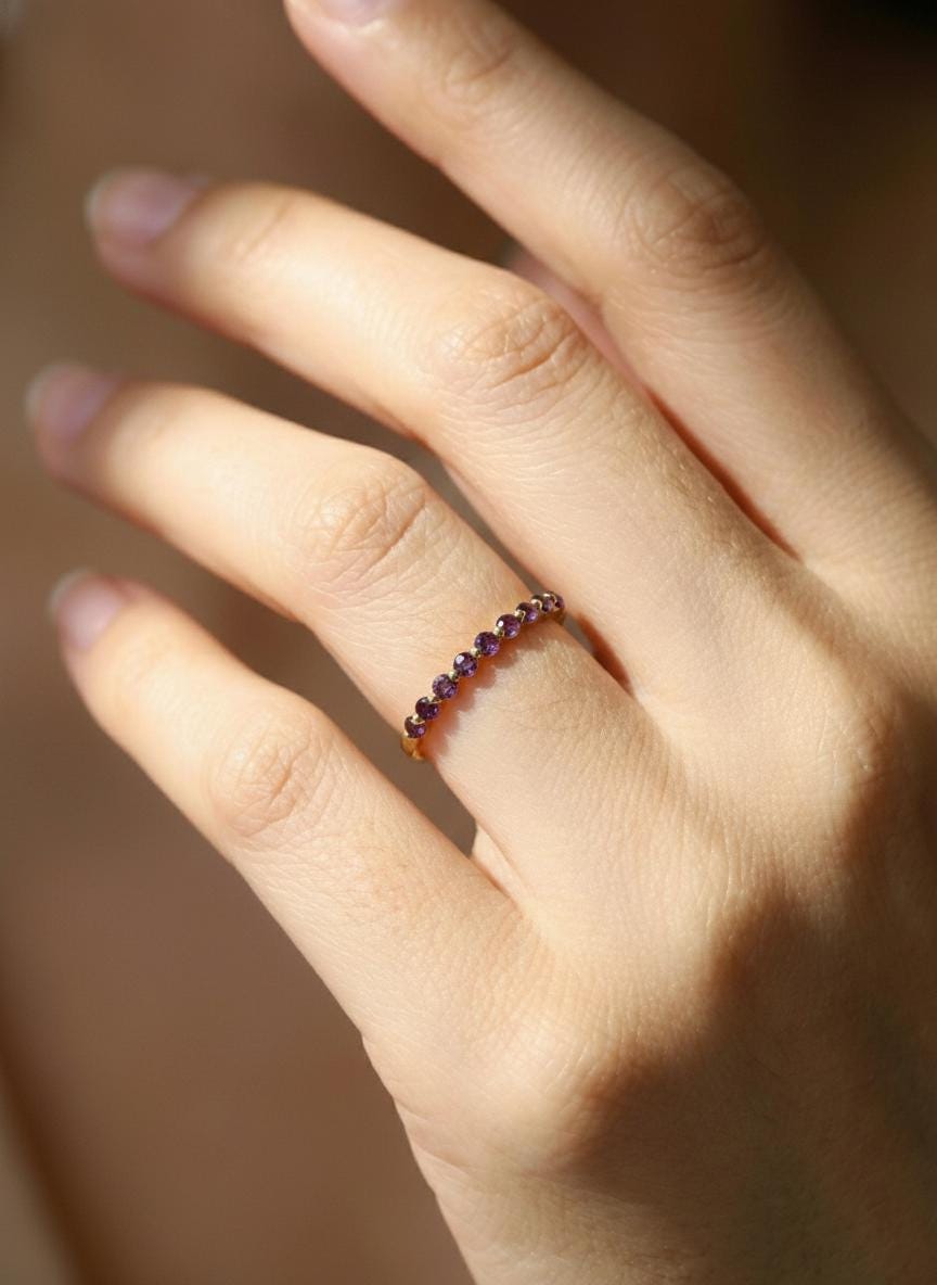 2.0 mm Single Prong Amethyst Ring, February Birthstone, Half Eternity Stackable Band, Amethyst Wedding Band, Stacking Ring