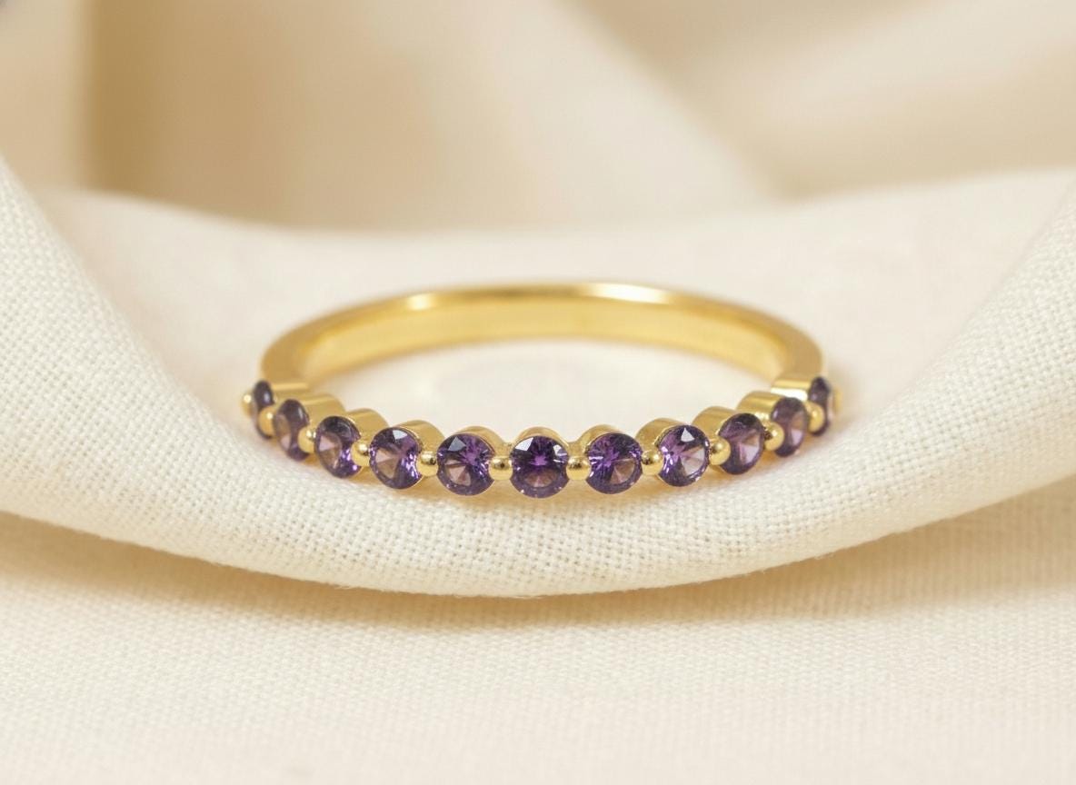 2.0 mm Single Prong Amethyst Ring, February Birthstone, Half Eternity Stackable Band, Amethyst Wedding Band, Stacking Ring
