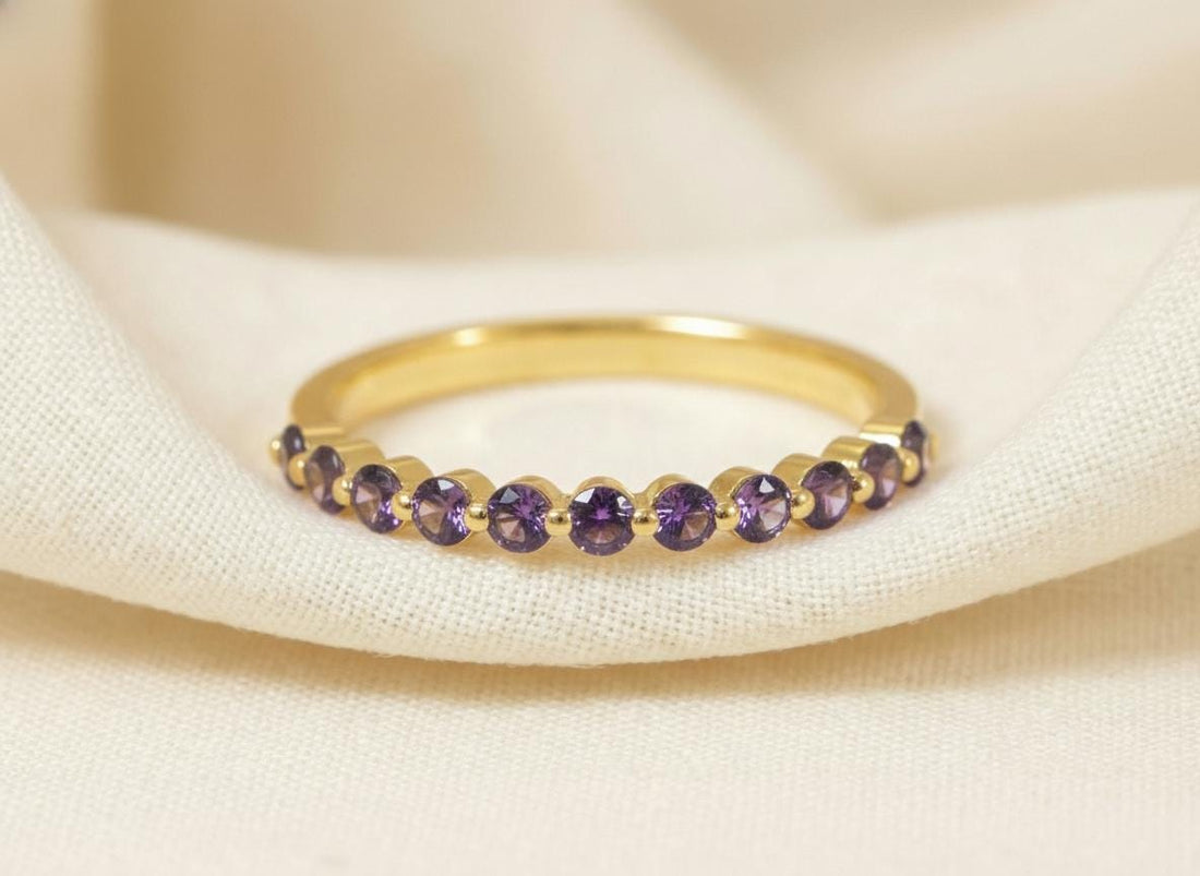 2.0 mm Single Prong Amethyst Ring, February Birthstone, Half Eternity Stackable Band, Amethyst Wedding Band, Stacking Ring