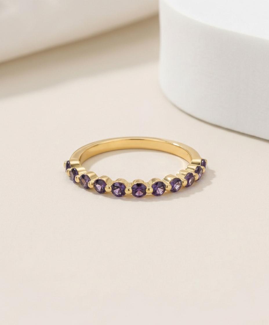 2.0 mm Single Prong Amethyst Ring, February Birthstone, Half Eternity Stackable Band, Amethyst Wedding Band, Stacking Ring
