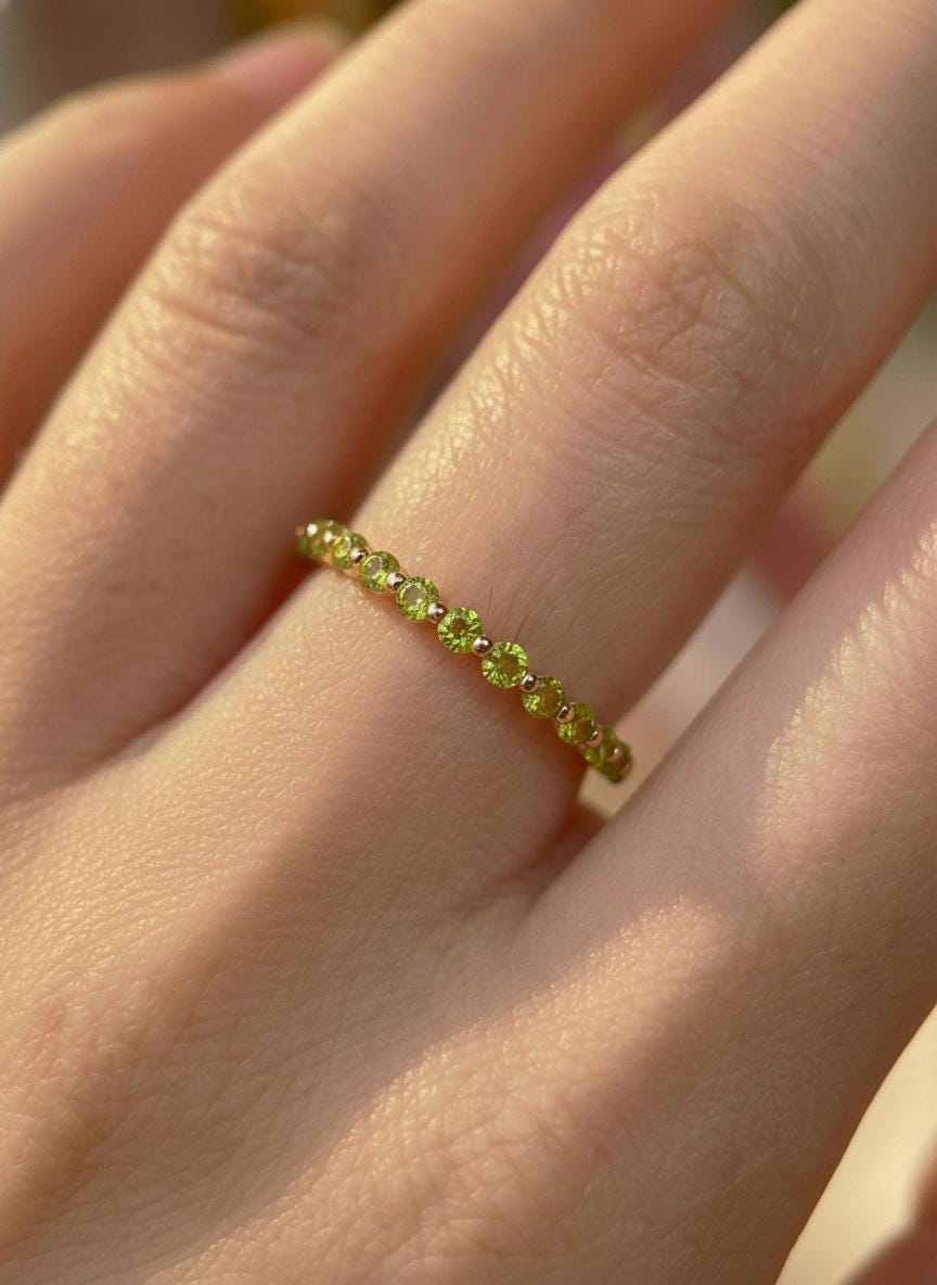 2.0 mm Single Prong Peridot Ring, August Birthstone, Half Eternity Stackable Band, Peridot Wedding Band, Stacking Ring